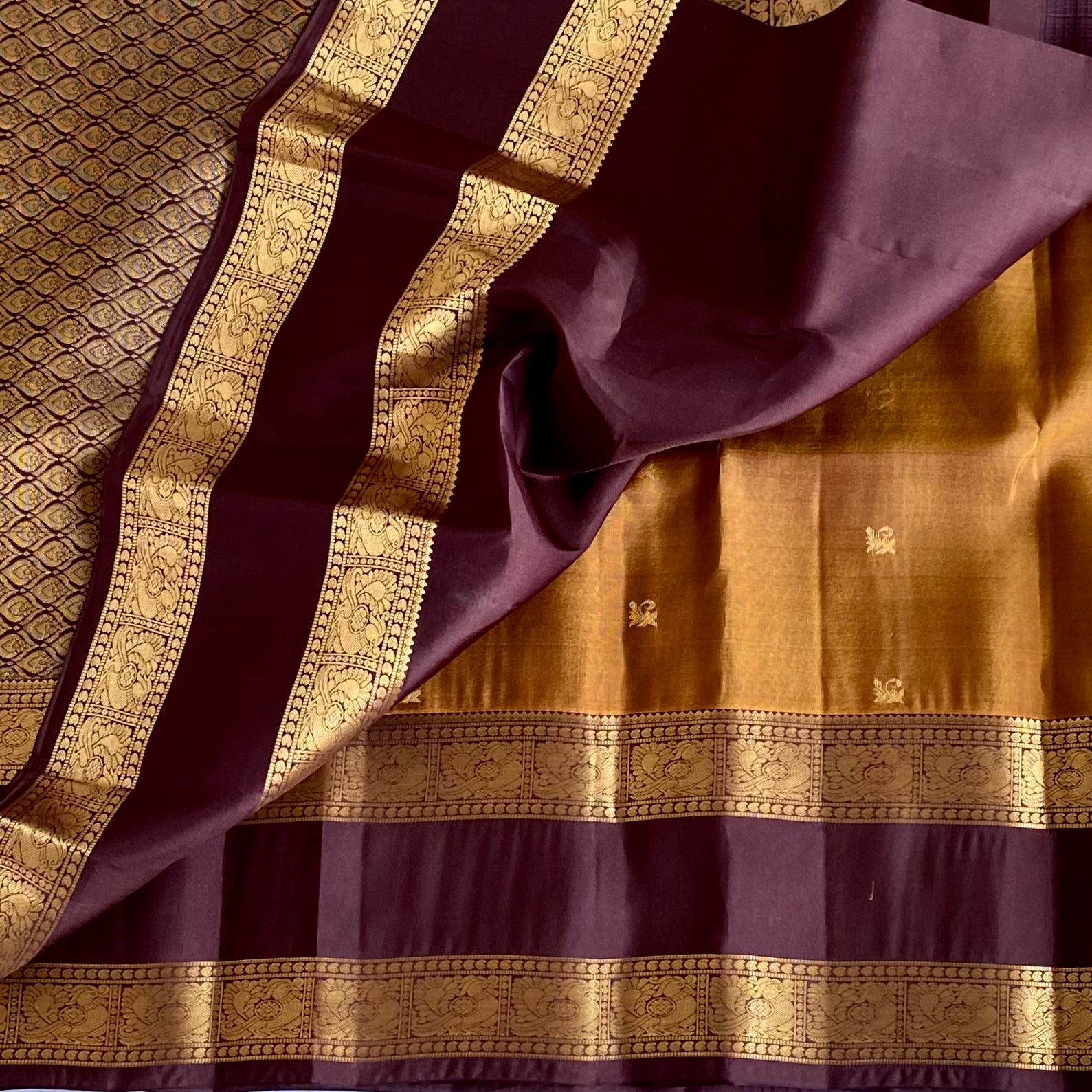 Deep Maroon Designer Pure Silk Saree With Mustard Gold Pallu Brocade Border