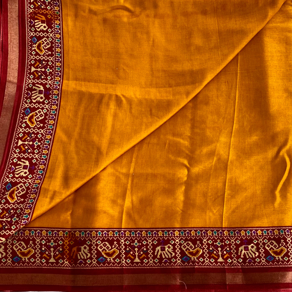 Maroon Mustard Woven Elephant Motif Saree with Golden Zari Border