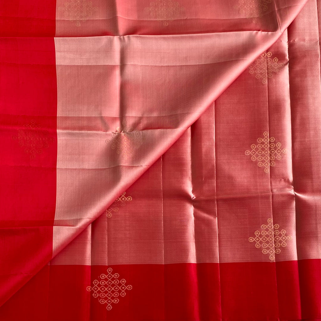 Blush Pink Kollam Designer Pure Silk Saree With Scarlet Red Pallu