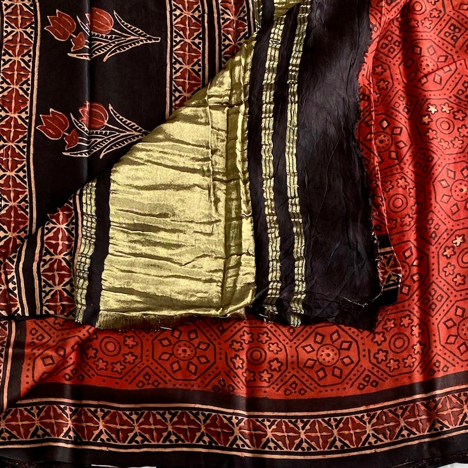 Rust Red AJRAKH Handblock Printed Silk Saree With Jet Black Pallu