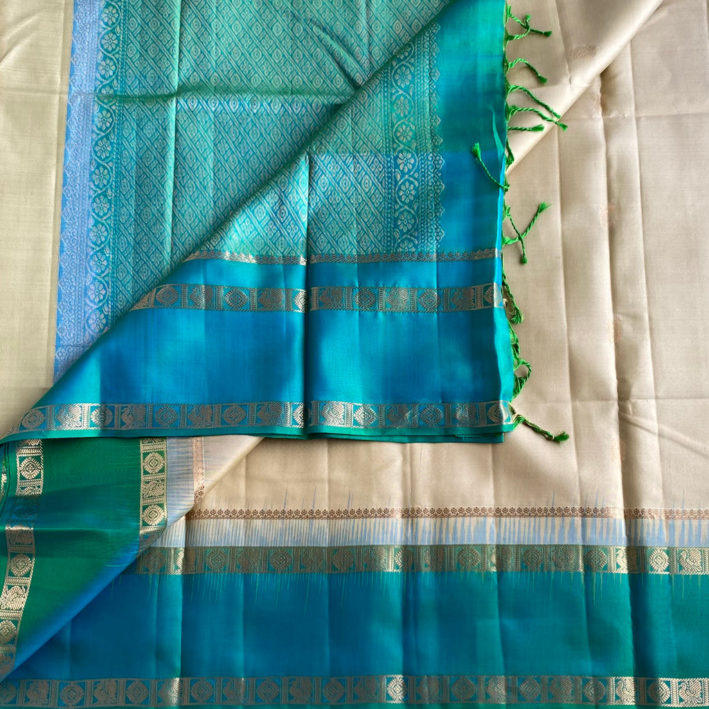 Ivory Pearl Designer Pure Silk Saree With Peacock Blue Pallu