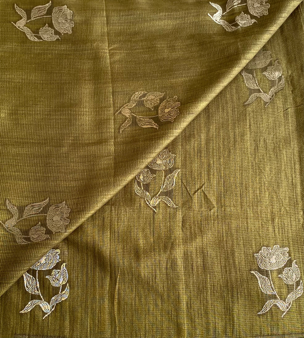 Olive Green Soft Tussar Cotton Saree With Metallic Gold Pallu