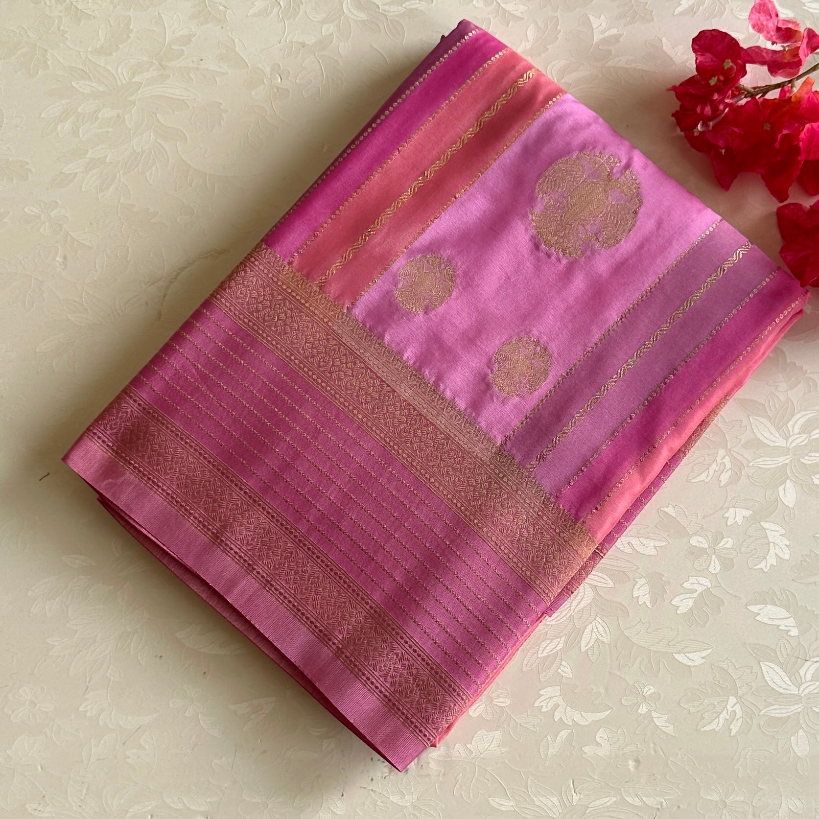 Lotus with Mauve Pink Soft Crepe Silk with Gandaberunda Buttas