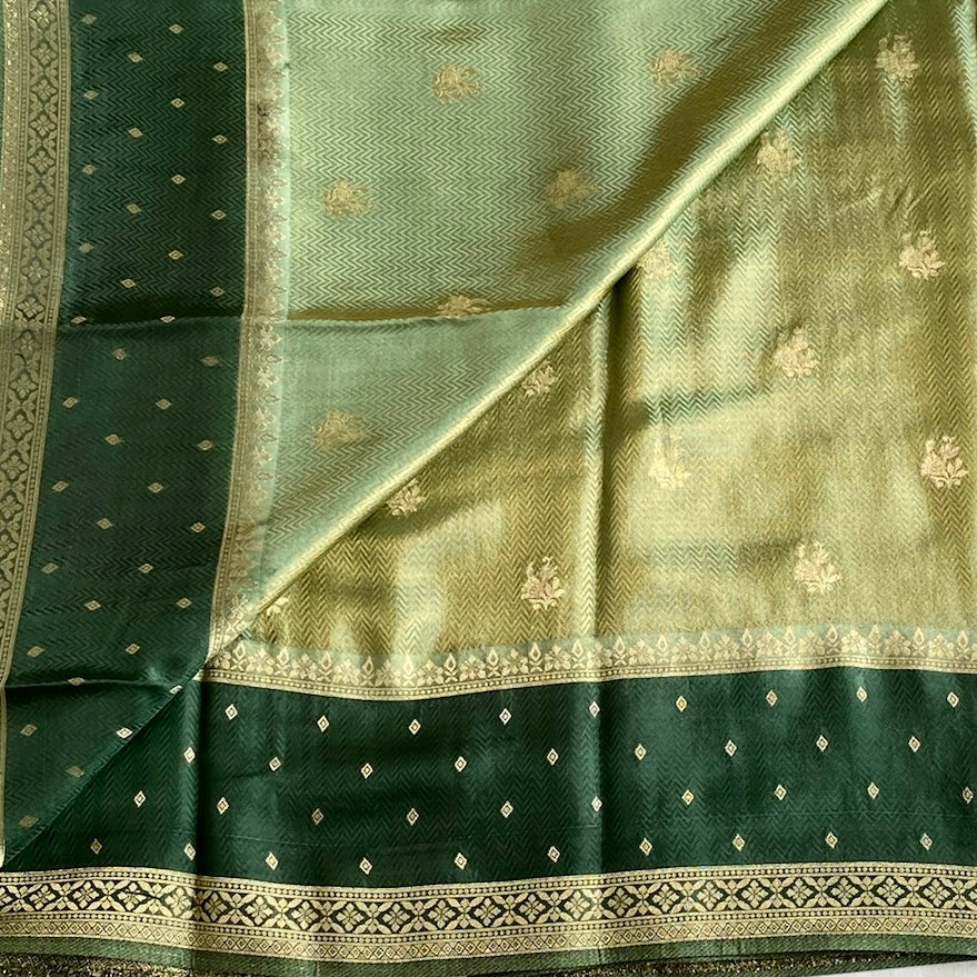 Shimmery Pista Green Soft Blended Silk With Bottle green Border