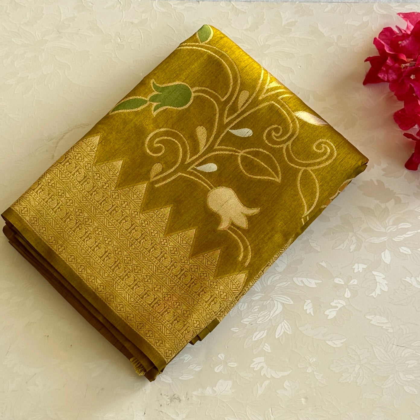 Olive Green Brocade Floral Saree With Gold Border Tassel Pallu