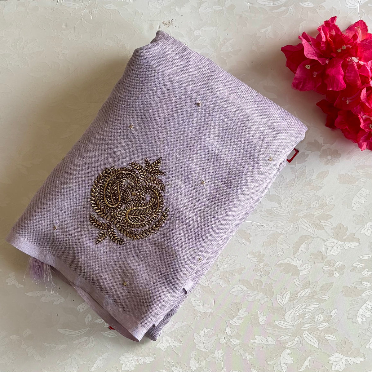 Light Pastel Lavender Lilac Soft Tussar Silk Saree With Antique Gold Embroidery