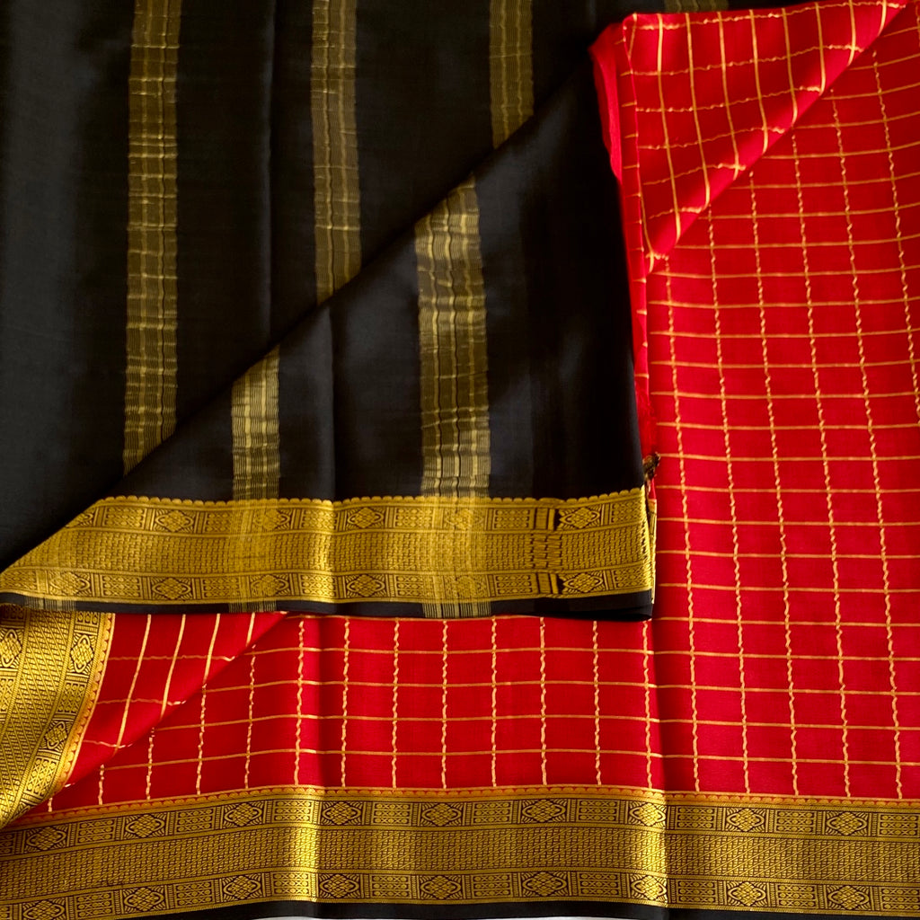 Scarlet Red Mysore Crepe Silk Saree With Metallic Gold Border