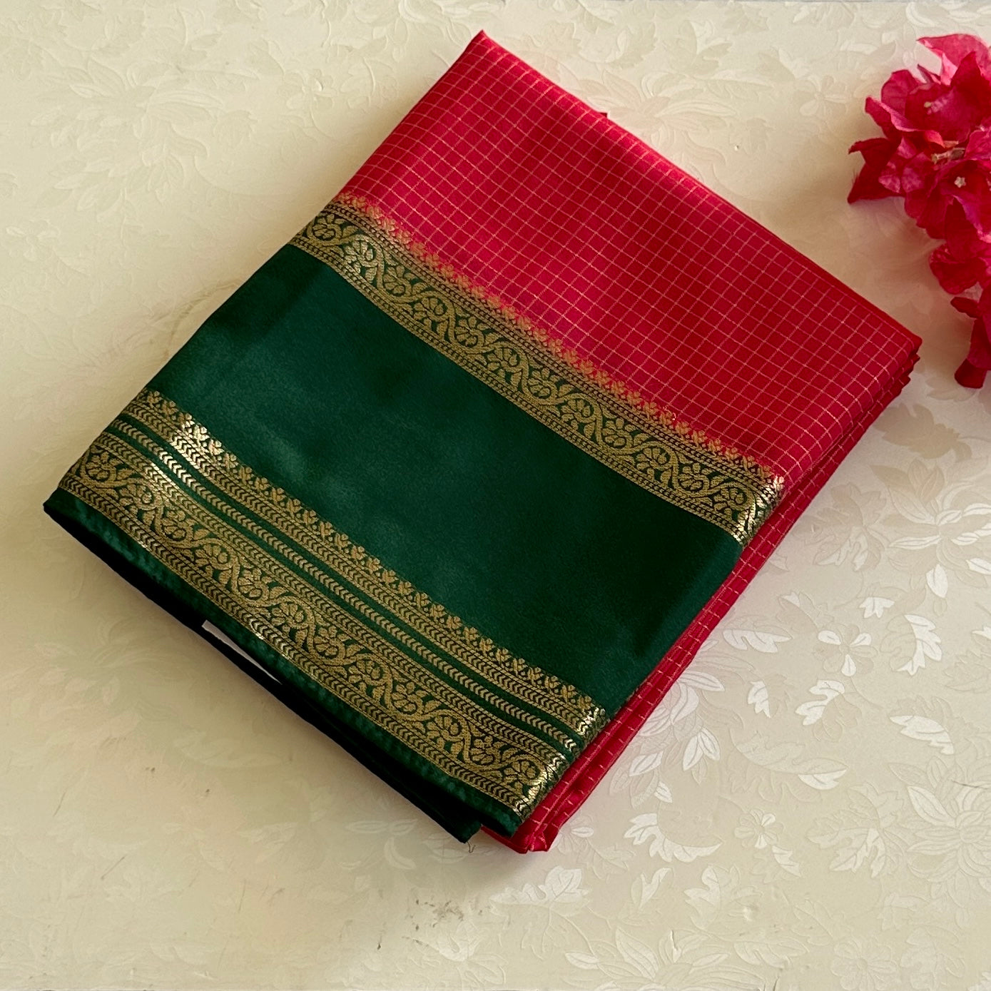 Strawberry reddish pink with emerald green checkered soft crepe silk