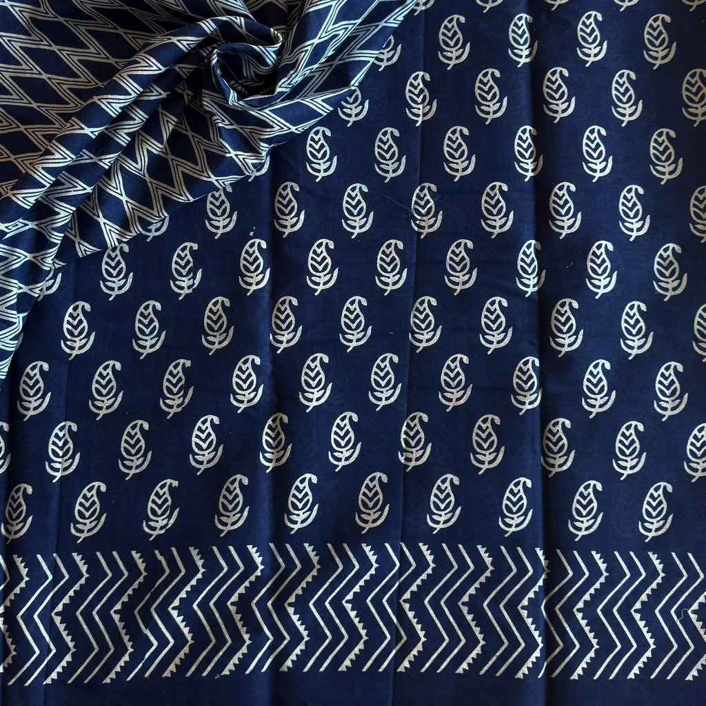 Navy Blue Block Print Cotton Saree Paisley Chevron Border Traditional