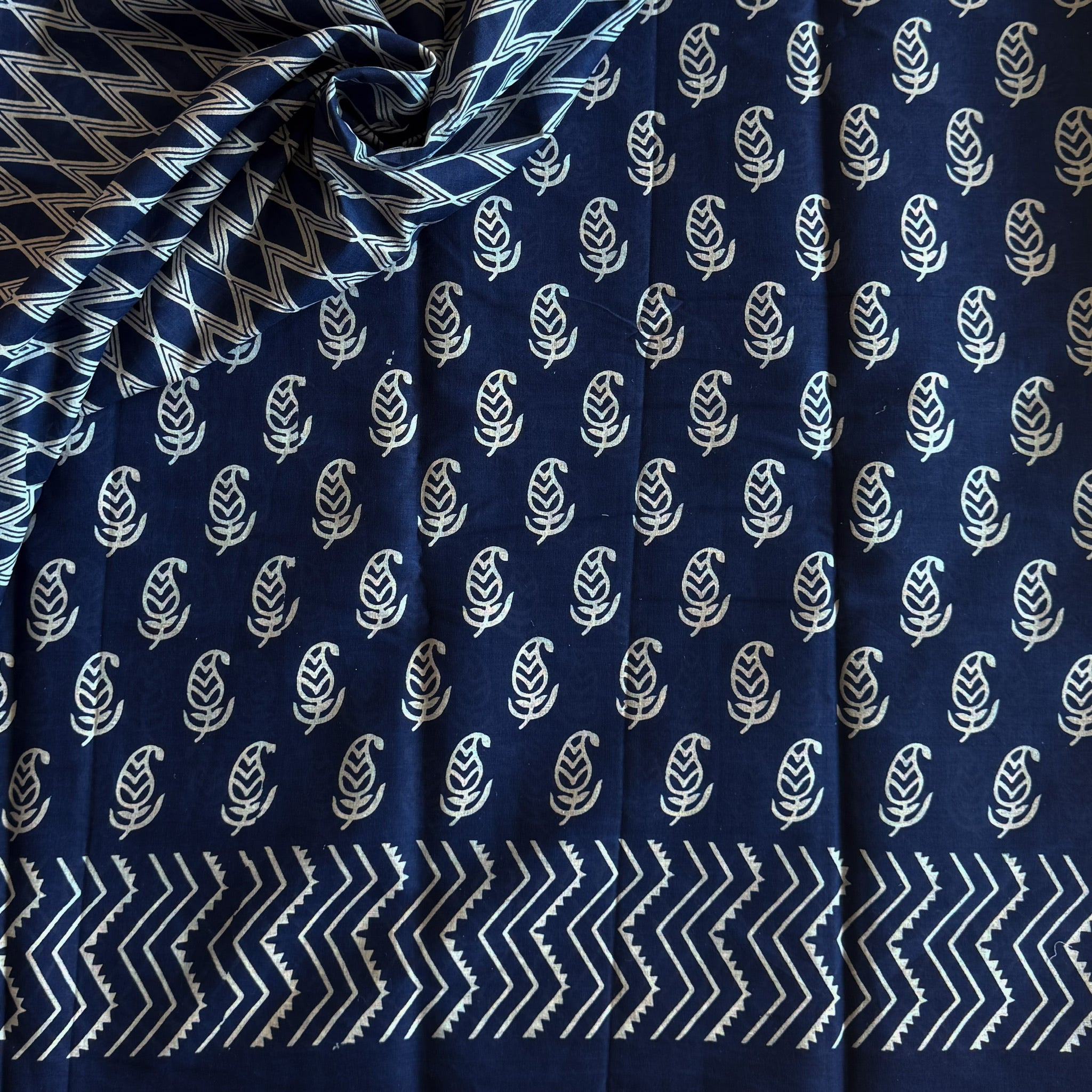 Navy Blue Block Print Cotton Saree Paisley Chevron Border Traditional