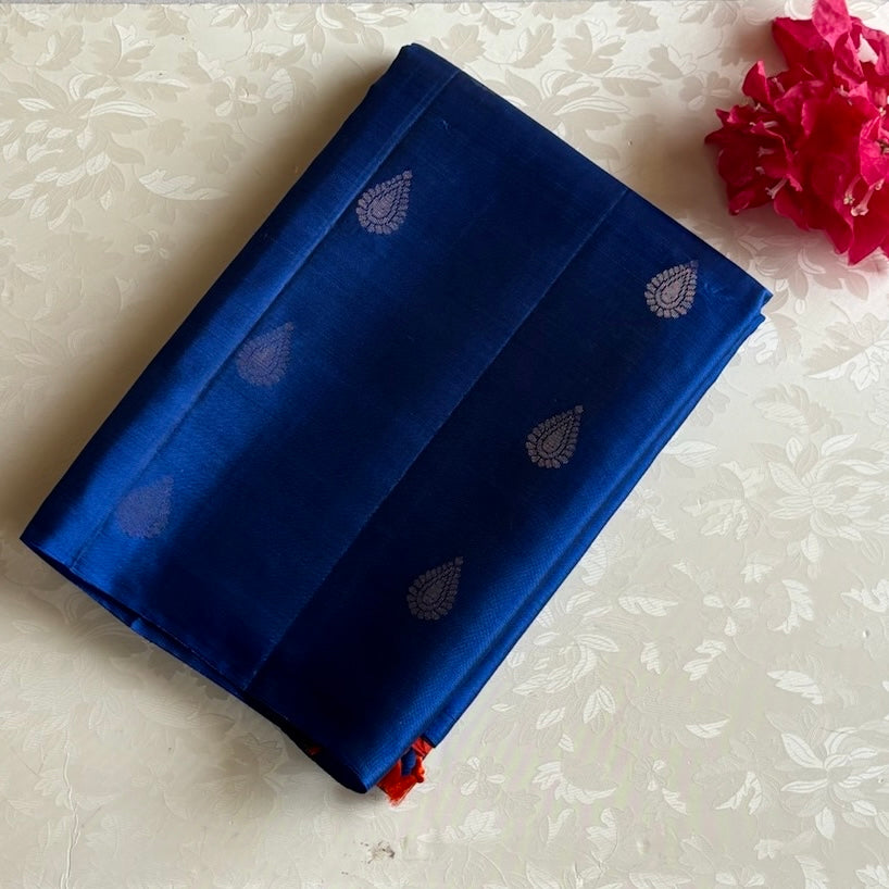 Royal Blue Designer Pure Silk Saree With Crimson Orange Pallu