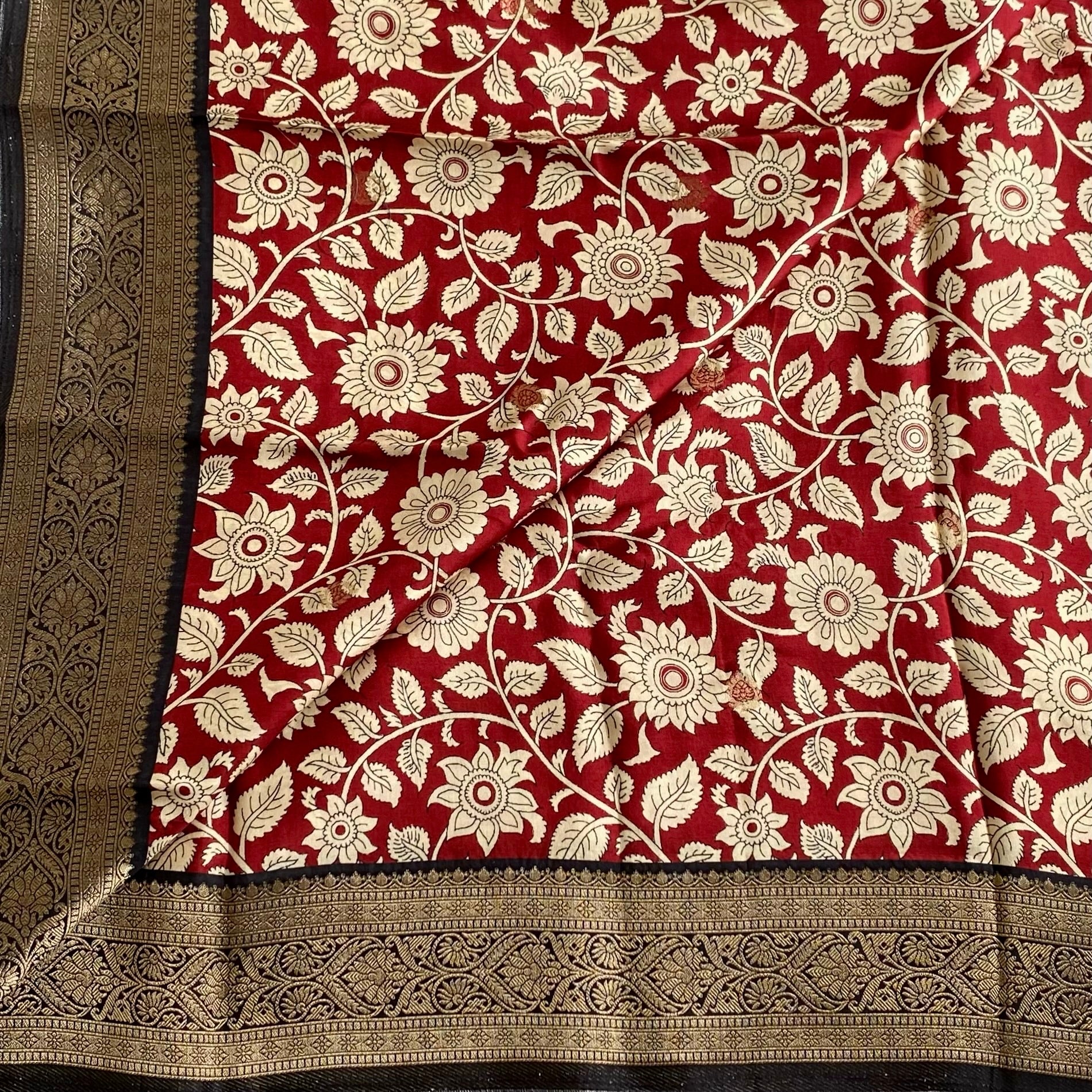 Dark Red Soft Tussar Silk Saree With Black Pallu