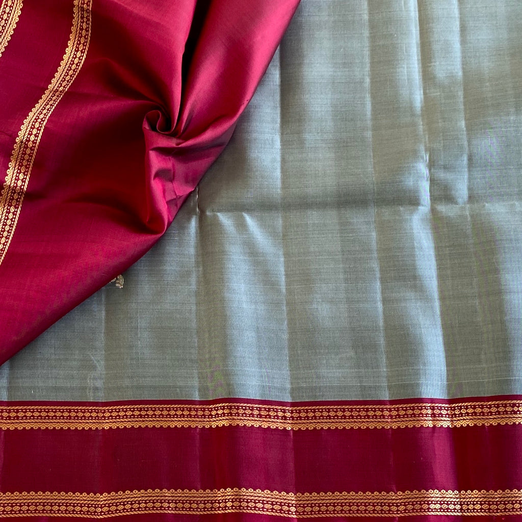 Slate Gray Designer Pure Silk Saree With Deep Magenta Pallu