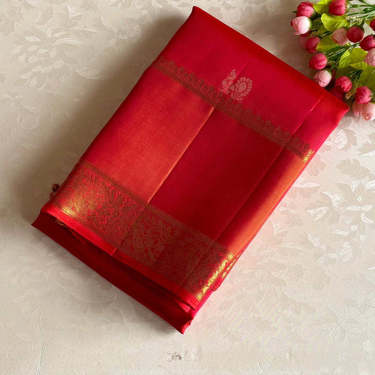 Crimson Red With Copper Orange Designer Pure Silk With Zari Woven Pallu