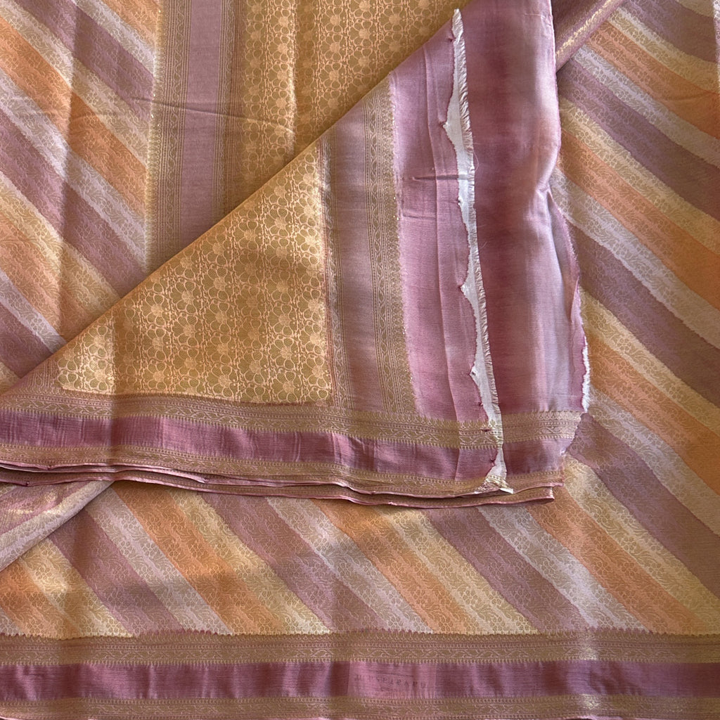 Mauve Gold Silk Diagonal Stripe Saree with Floral Jacquard Pallu