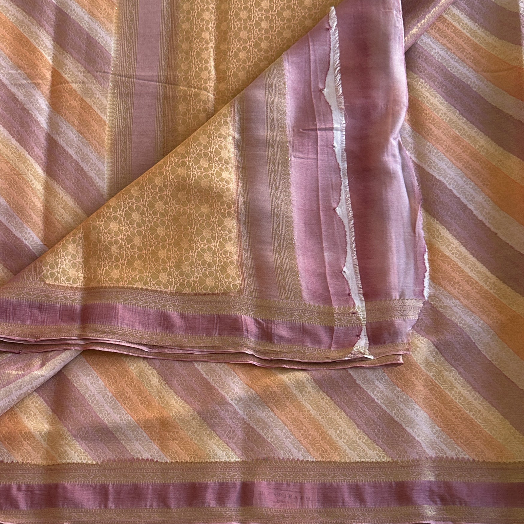 Mauve Gold Silk Diagonal Stripe Saree with Floral Jacquard Pallu