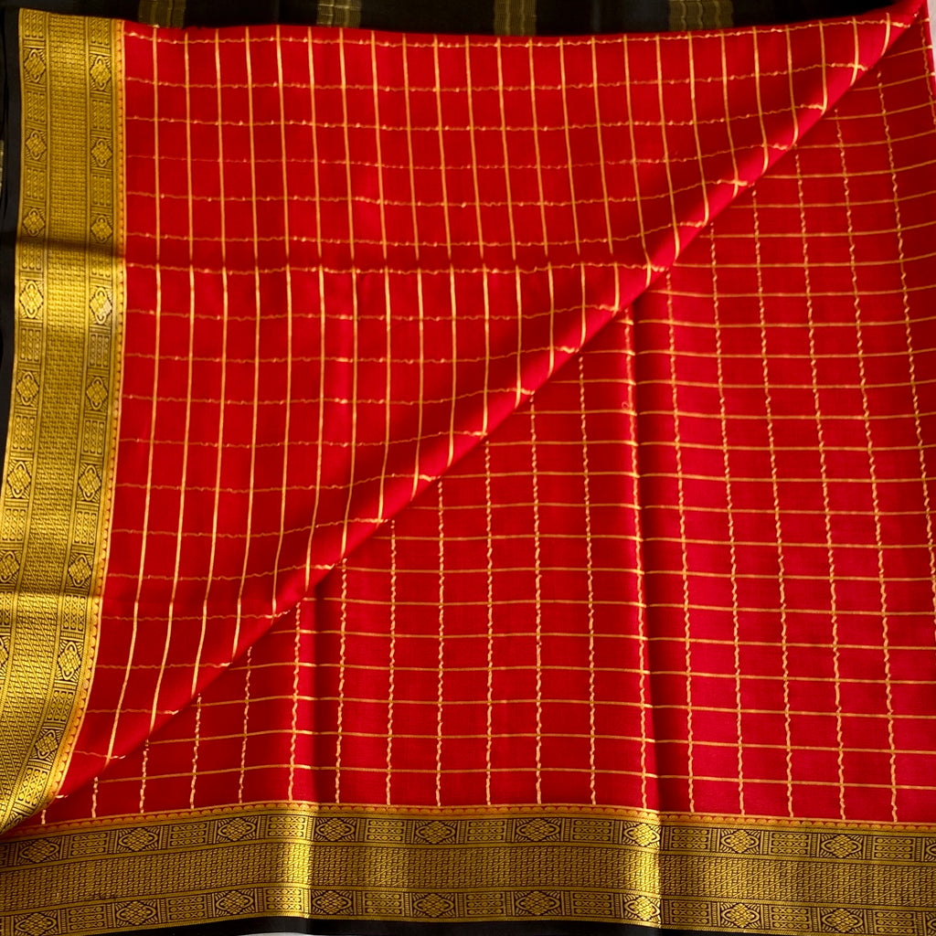 Scarlet Red Mysore Crepe Silk Saree With Metallic Gold Border