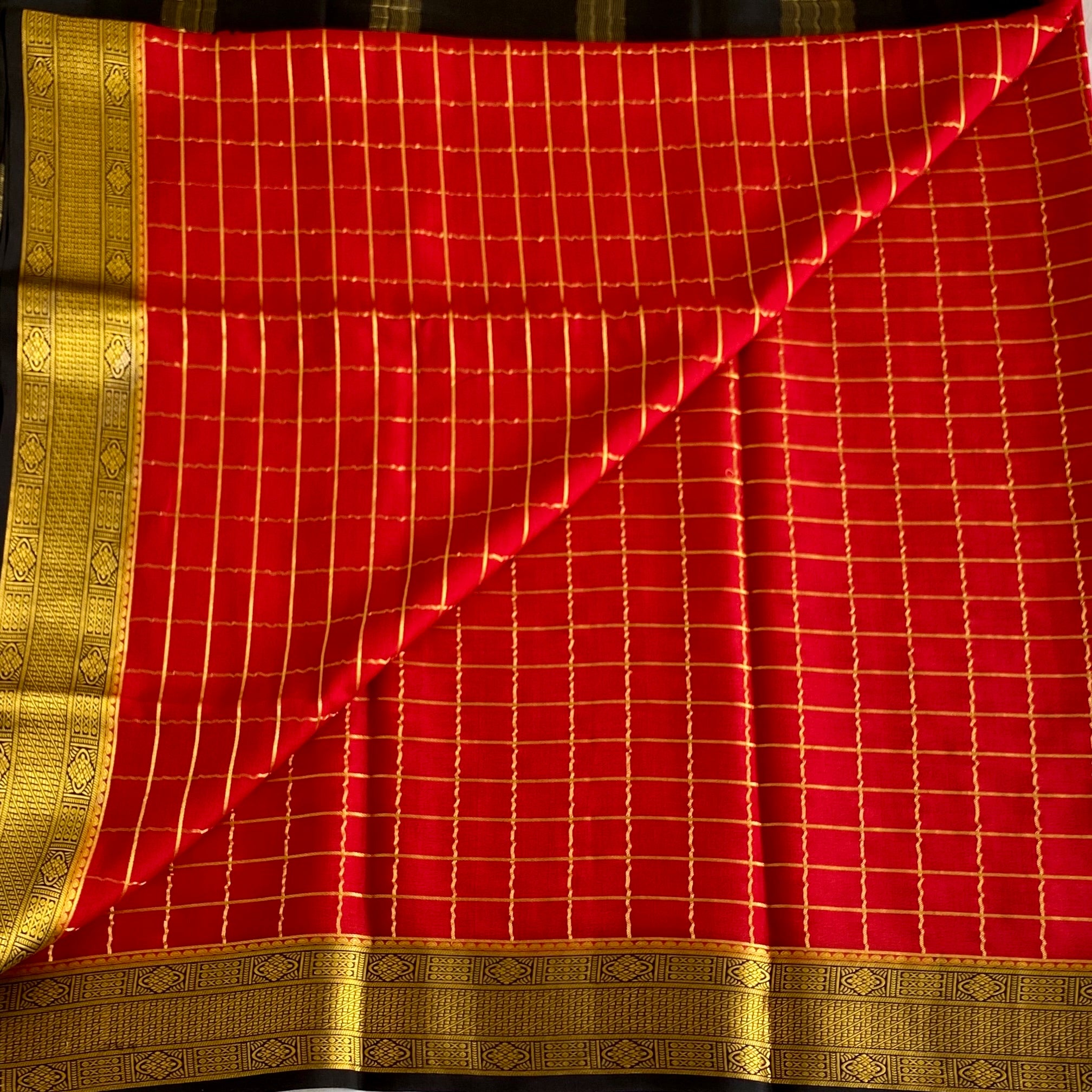 Scarlet Red Mysore Crepe Silk Saree With Metallic Gold Border