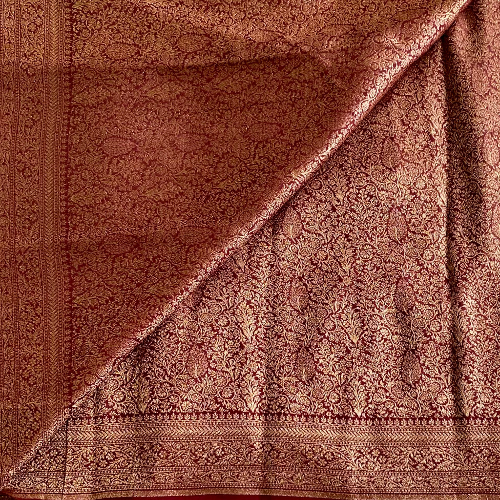 Banarasi Crepe Silk Deep Wine Maroon Saree With Metallic Gold Zari Woven Border