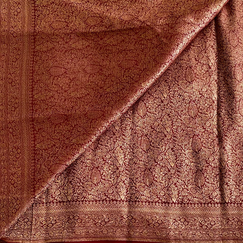 Banarasi Crepe Silk Deep Wine Maroon Saree With Metallic Gold Zari Woven Border