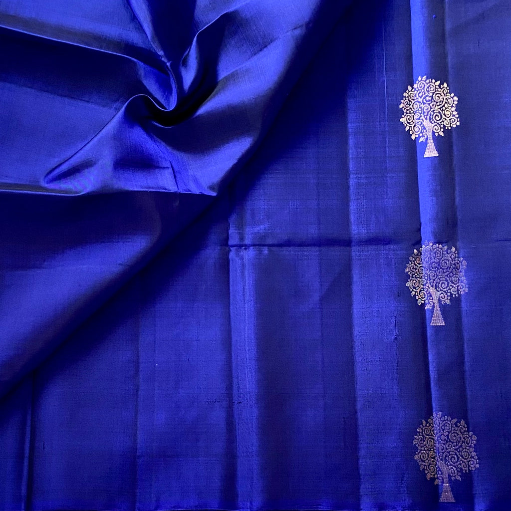 Royal Blue Designer Pure Silk Saree Metallic Gold Brocade Border Contrast Pallu