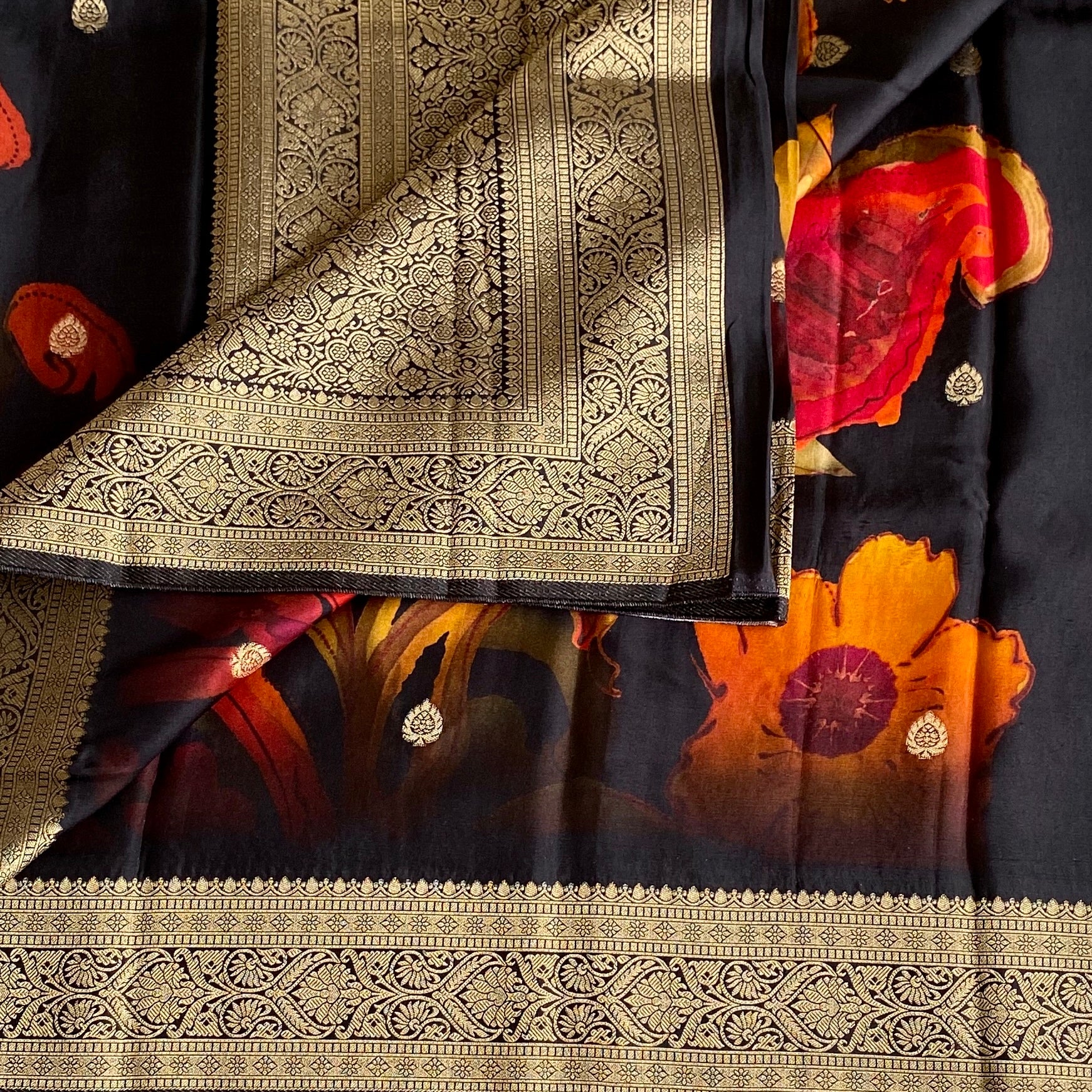 Jet Black Jute Tussar Silk With Antique Zari Pallu Burnt Orange Floral Brocade