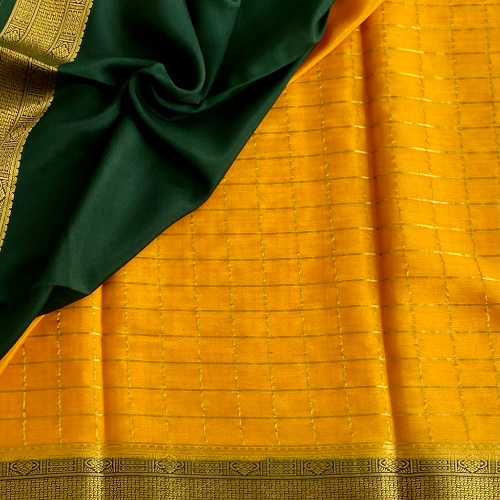 Mustard Yellow Bottle Green Mysore Crepe Silk Saree With Zari Border