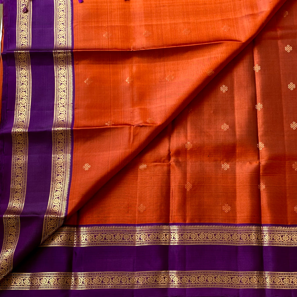 Purple Rust Orange Silk Saree Gold Zari Floral Pallu Border