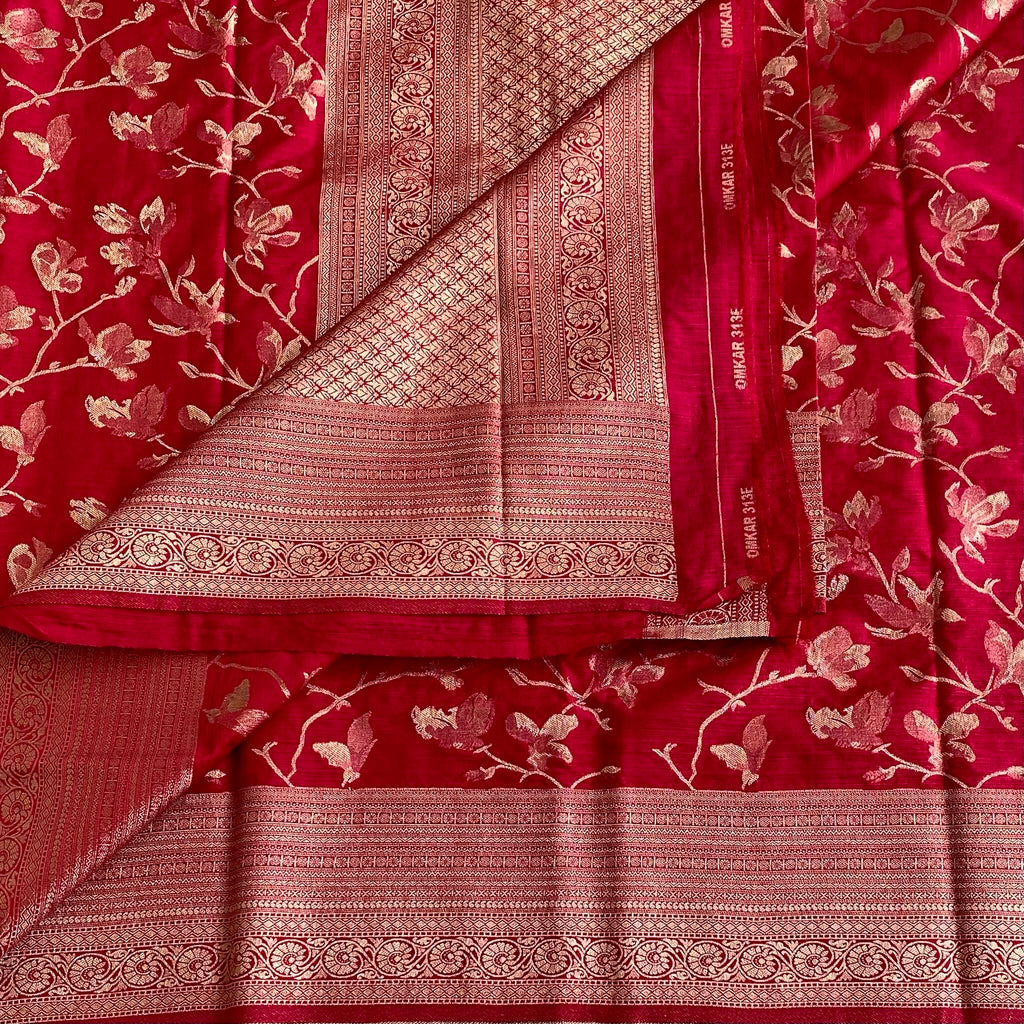 Vivid Burgundy Red Soft Tussar Silk Saree With Antique Gold Pallu