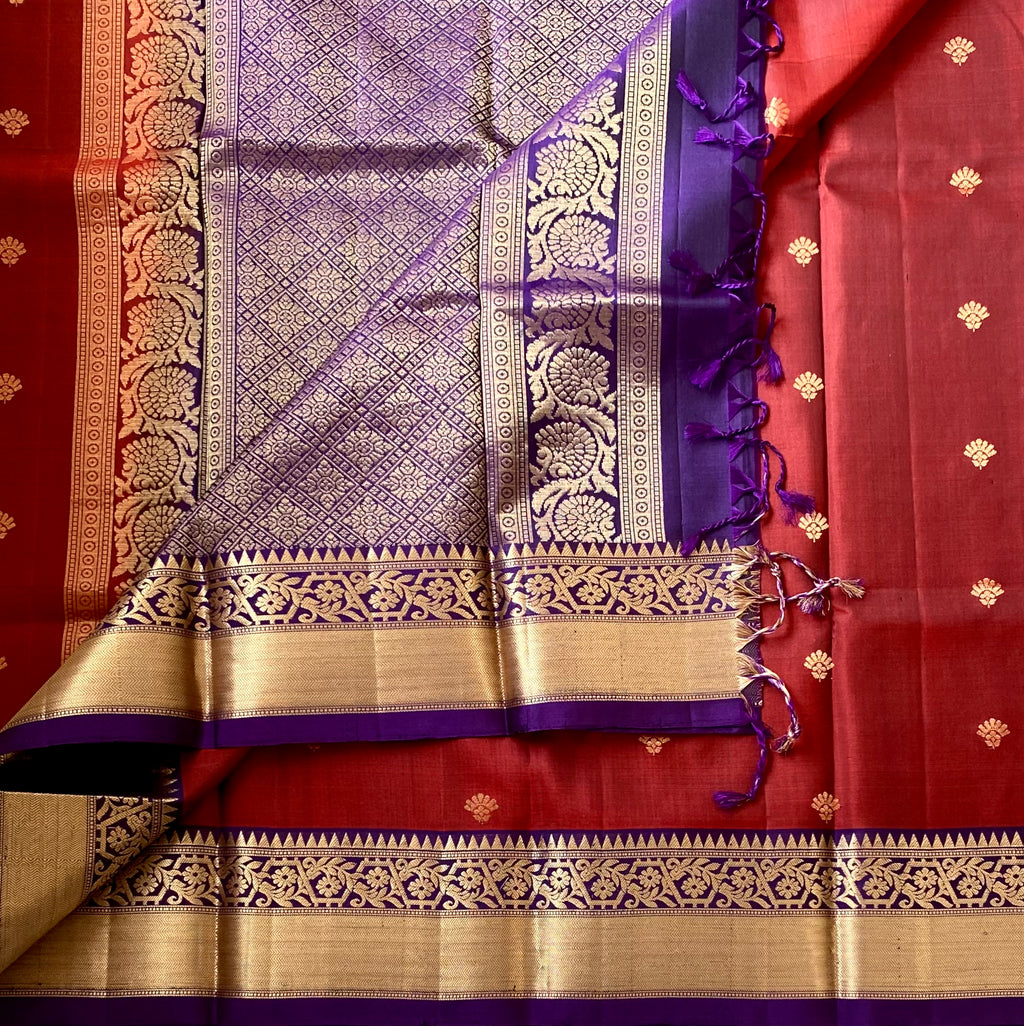 Deep Maroon Silk Saree with Royal Purple Pallu and Gold Border