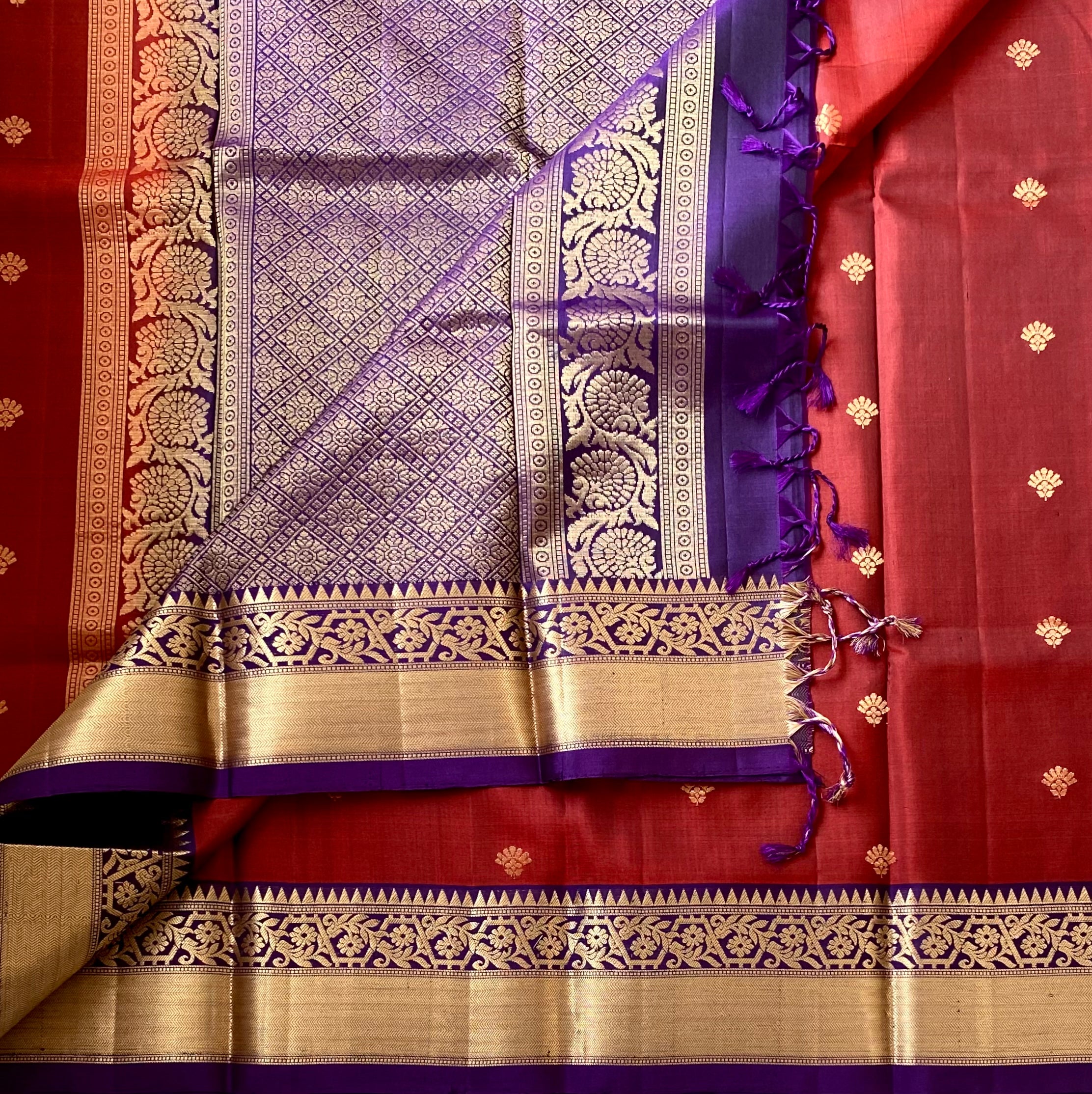 Deep Maroon Silk Saree with Royal Purple Pallu and Gold Border