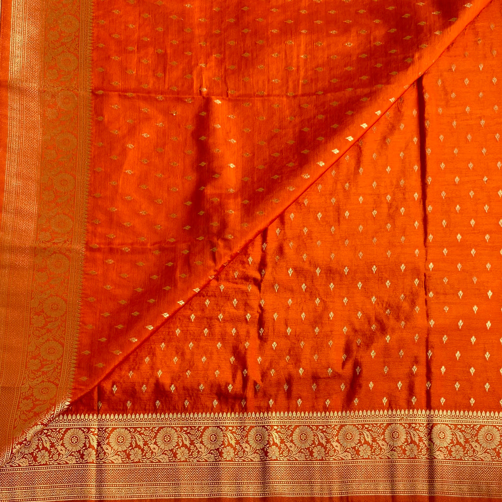 Burnt Orange Soft Crepe Silk Saree With Metallic Gold Zari Pallu