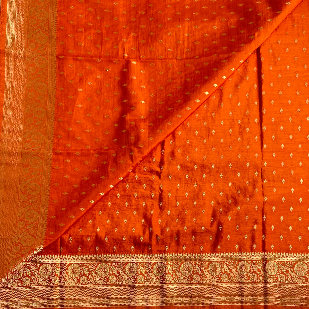 Burnt Orange Soft Crepe Silk Saree With Metallic Gold Zari Pallu