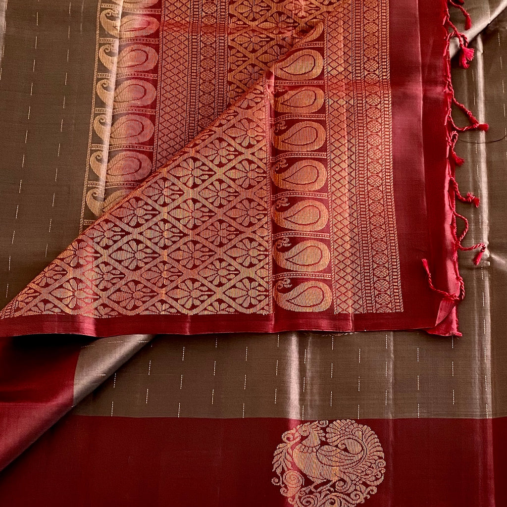 Slate Gray Designer Pure Silk Saree With Burgundy Maroon Pallu