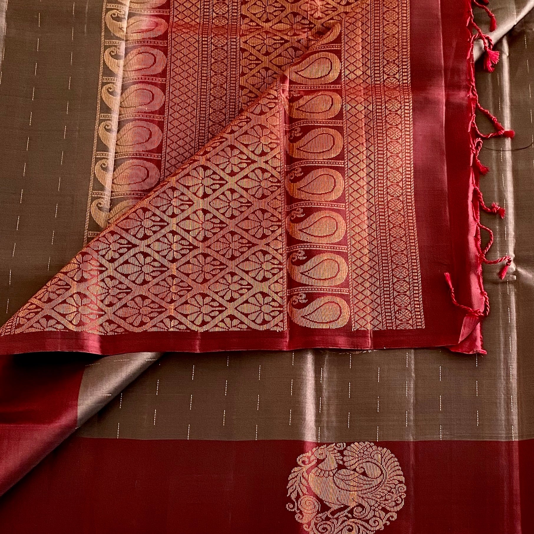 Slate Gray Designer Pure Silk Saree With Burgundy Maroon Pallu