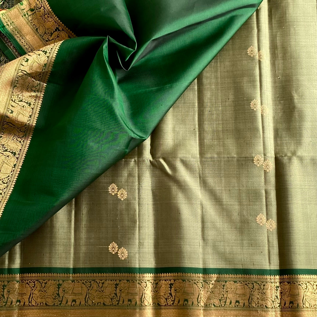 Sage Green Designer Pure Silk Saree With Emerald Green Pallu