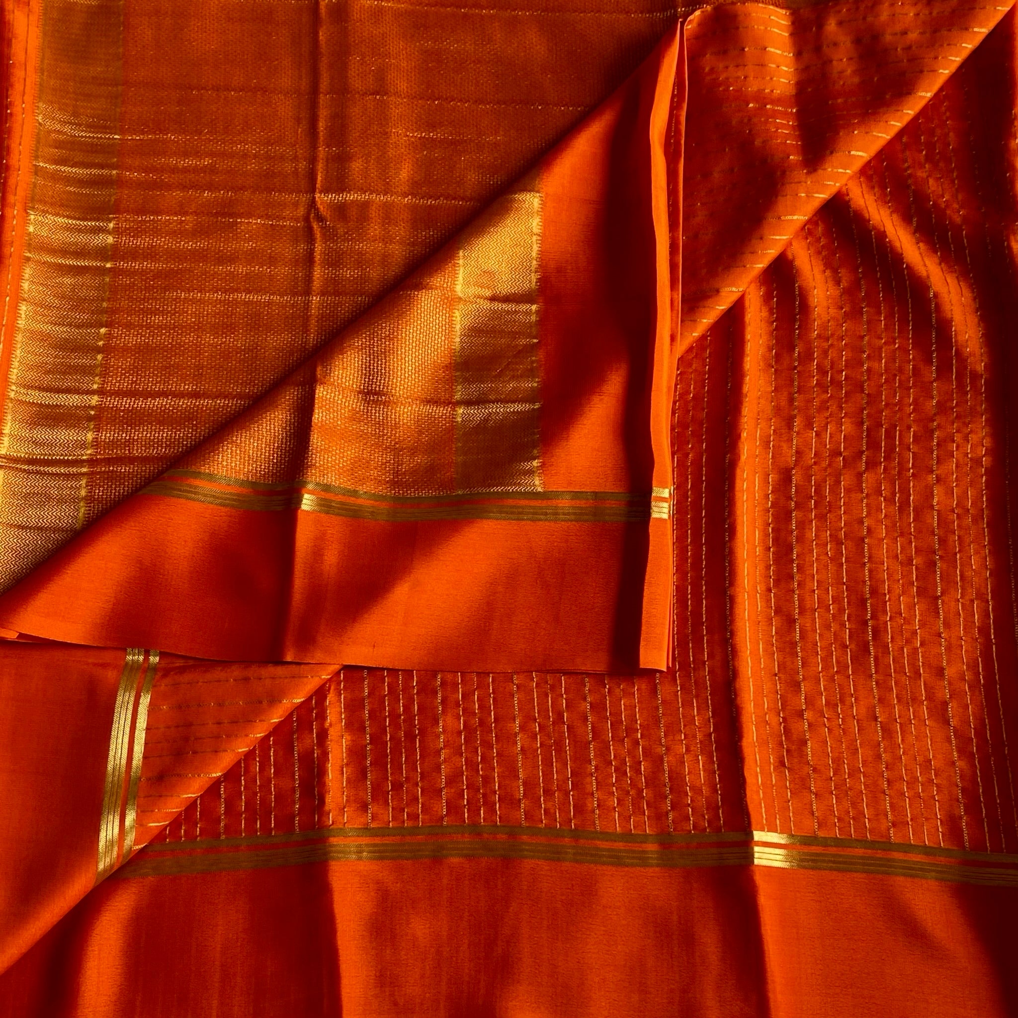 Burnt Orange Mysore Crepe Silk Saree With Metallic Gold Stripes