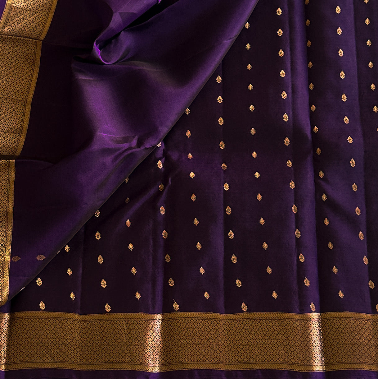 Royal Purple Silk Saree with Rose Gold Zari Buti Border