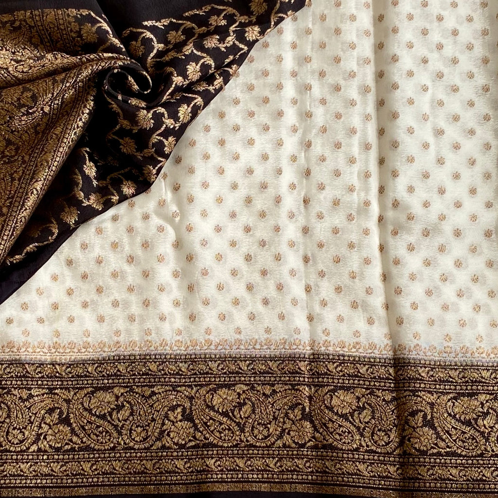Pearl White Antique Gold Brocade Banarasi Crepe Silk Saree Jet Black