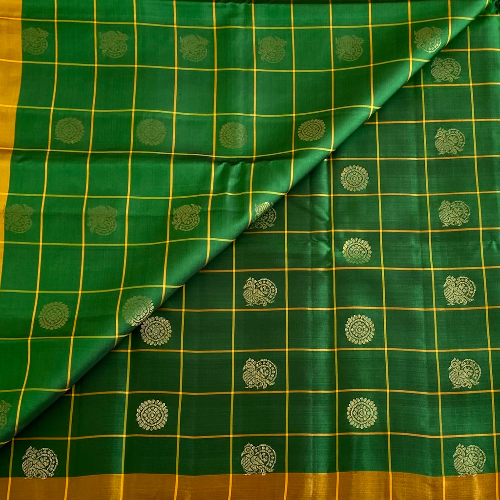 Emerald Green Designer Pure Silk Saree With Golden Yellow Pallu