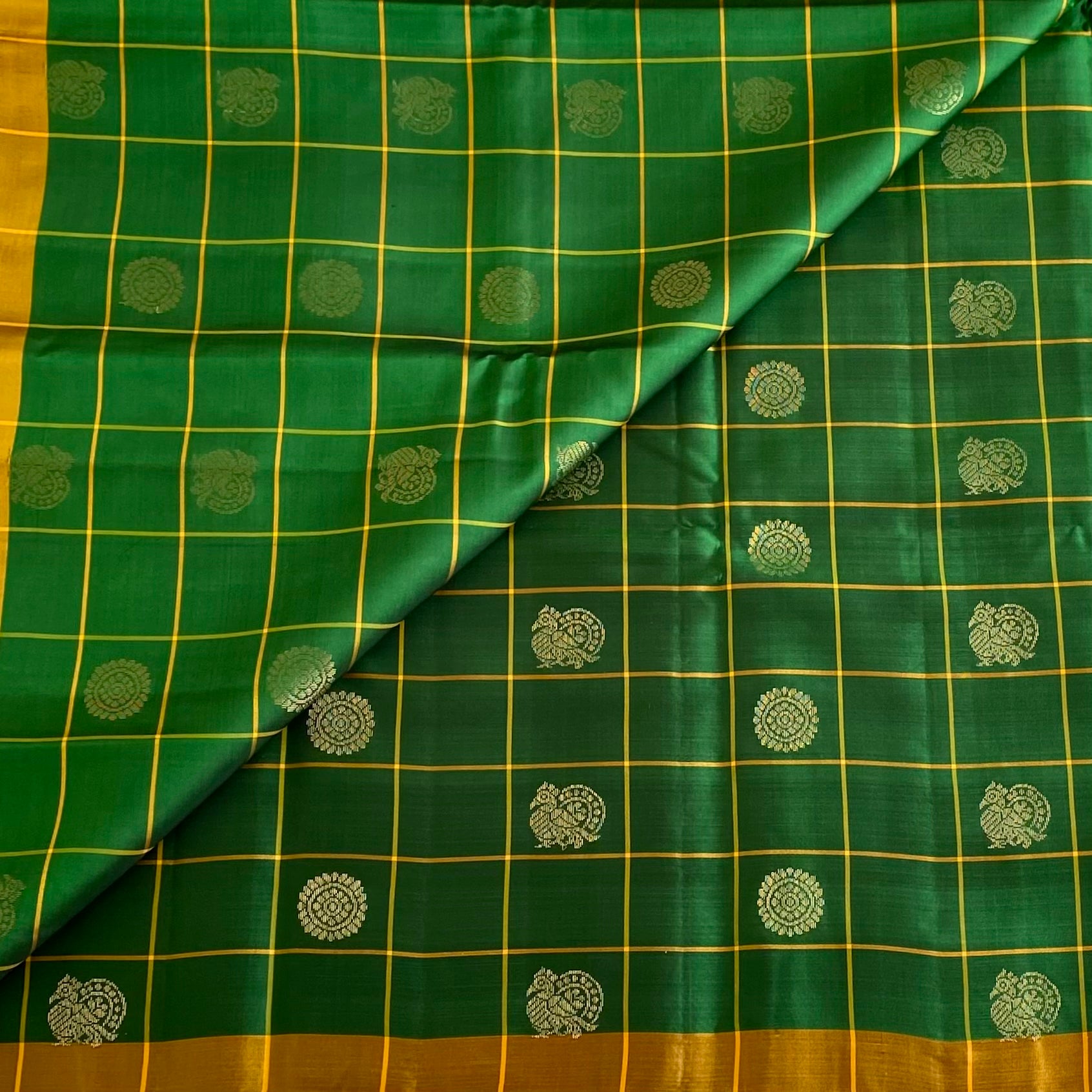 Emerald Green Designer Pure Silk Saree With Golden Yellow Pallu