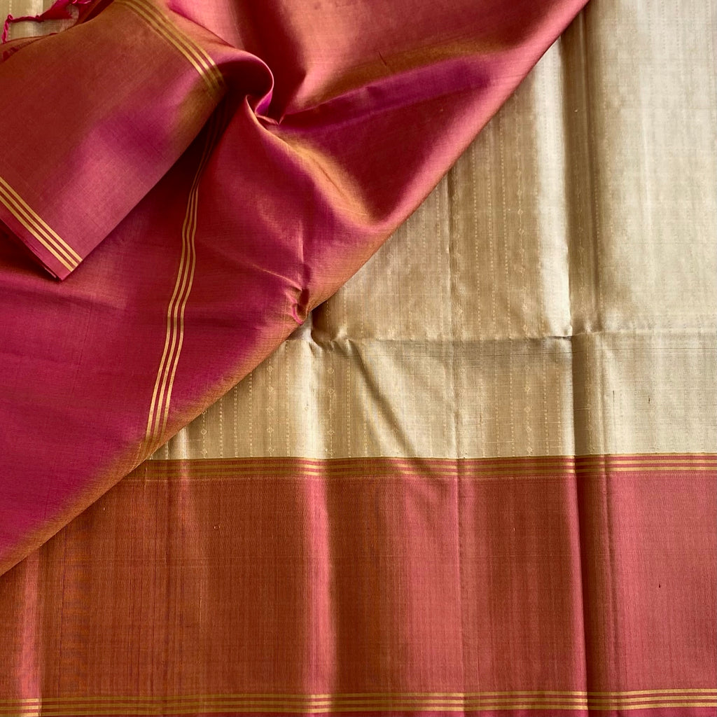 Champagne Beige Designer Pure Silk Saree With Rose Pink Pallu