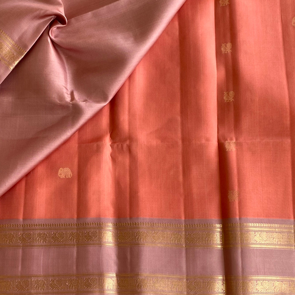 Coral Pink Designer Pure Silk Saree With Blush Pink Pallu
