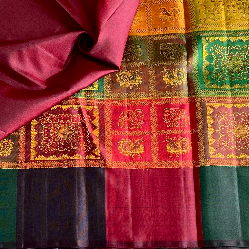 Regal Checkered Odisha Weave Kanjeevaram Pure Zari Silk Saree With Deep Maroon Pallu