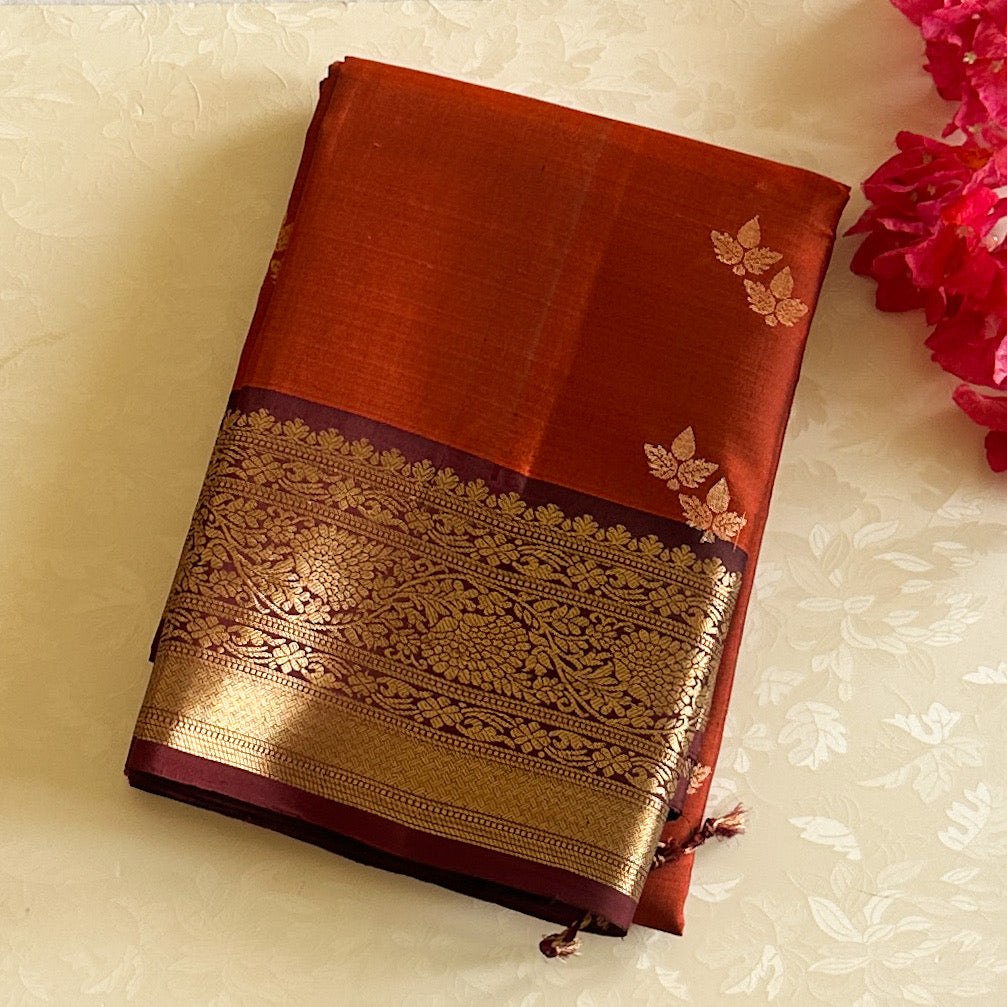 Crimson Plum Woven Brocade Saree Antique Gold Zari Border Traditional