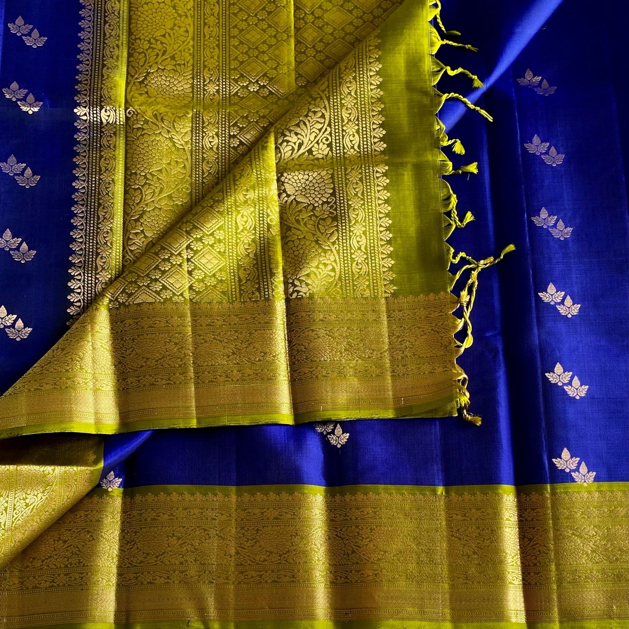 Royal Blue Designer Pure Silk with Stunner Olive n Gold buttas Contrast