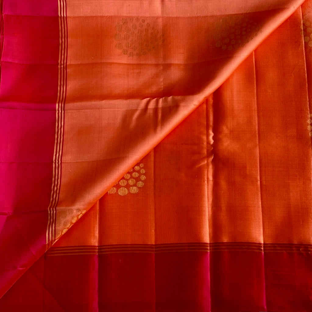 Rani Pink Designer Pure Silk Saree With Bright Orange Contrast Border