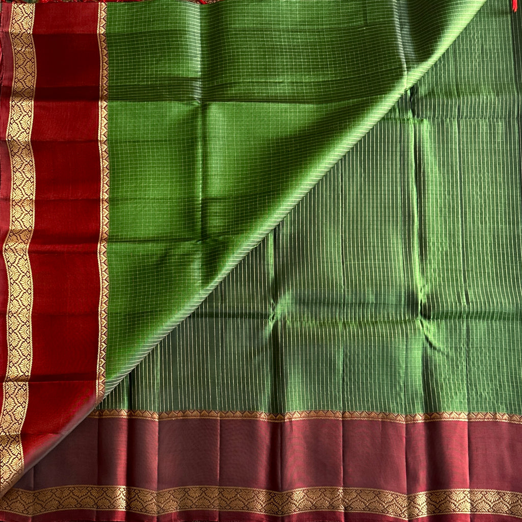 Maroon Silk Saree Gold Zari Border Green Striped Pleats