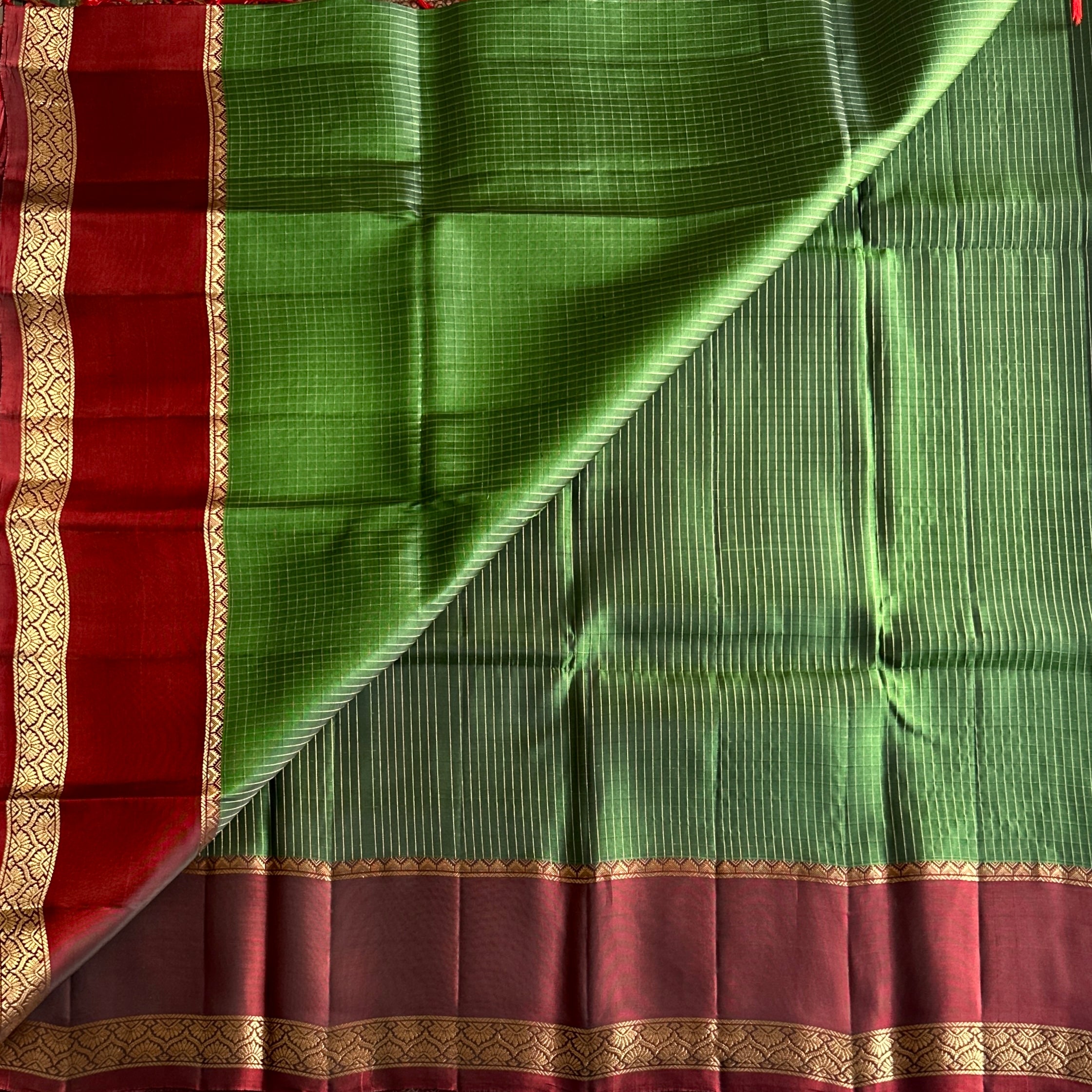 Maroon Silk Saree Gold Zari Border Green Striped Pleats