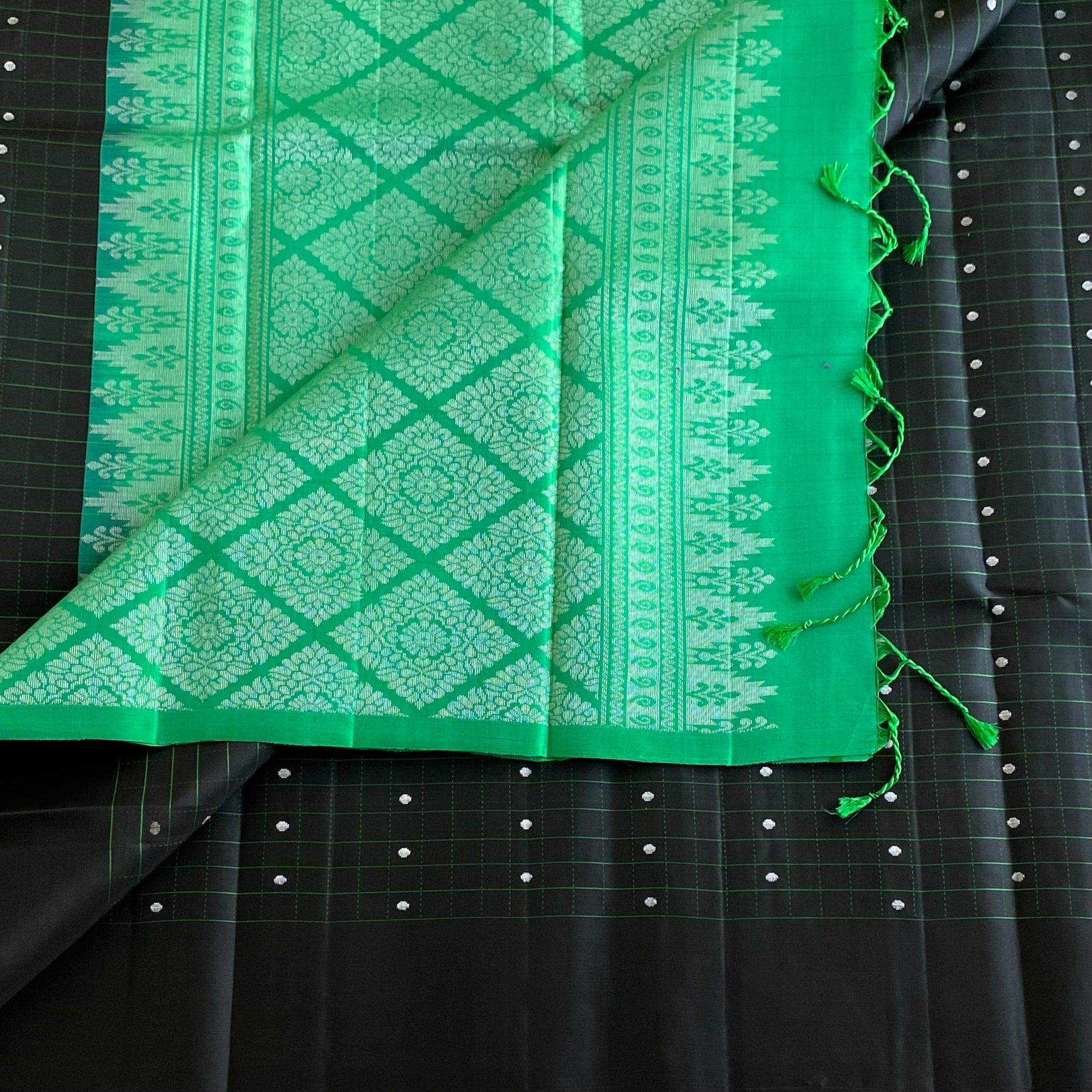 Jet Black Designer Pure Silk Saree With Sea Green Pallu